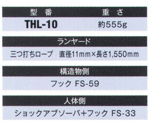 藤井電工 THL-10 柱上作業 フルハーネス用ランヤード（THL-10-R23） 柱上作業に適したフルハーネス用ランヤードで、構造物側フックに小型で軽量なフックを採用しています。【ランヤード】三つ打ちロープ:直径11mm×長さ1，550mm※この商品は受注生産になります。※受注生産品につきましては、ご注文後のキャンセル、返品及び他の商品との交換、色・サイズ交換が出来ませんのでご注意ください。※受注生産品のお支払い方法は、先振込（代金引換以外）にて承り、ご入金確認後の手配となります。 サイズ／スペック